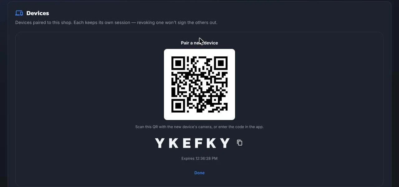Pair a new device: a QR code, the six-letter code with a copy button, and when it expires