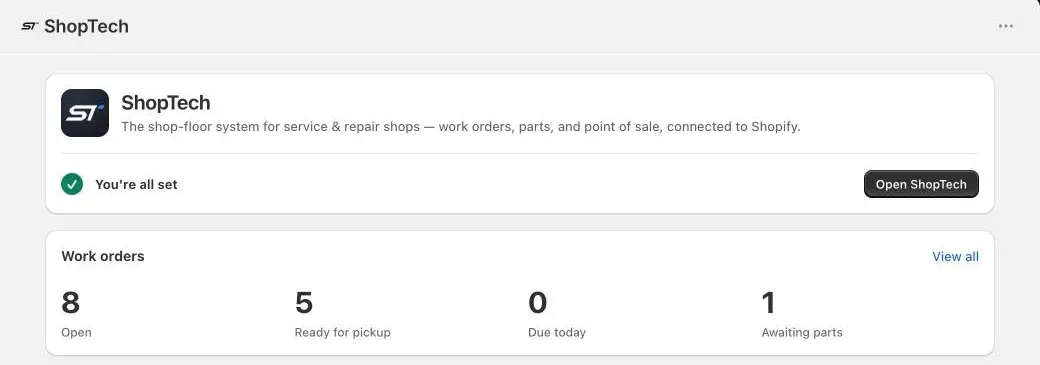 ShopTech inside Shopify admin after setup: the card reads You’re all set with an Open ShopTech button, above work order counts for open, ready for pickup, due today, and awaiting parts