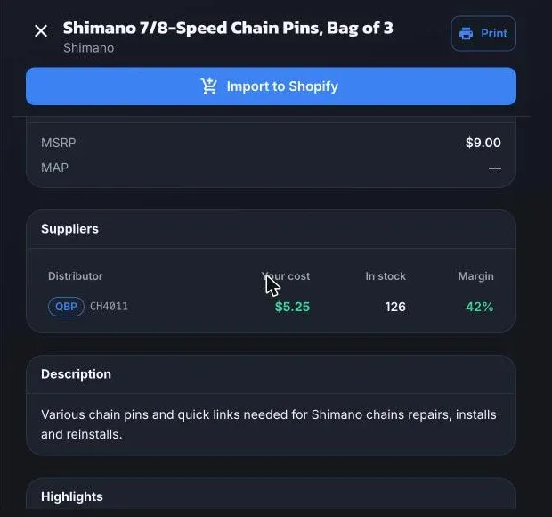 A catalog product with the Import to Shopify button, MSRP and MAP, and a supplier row showing your cost, stock, and margin
