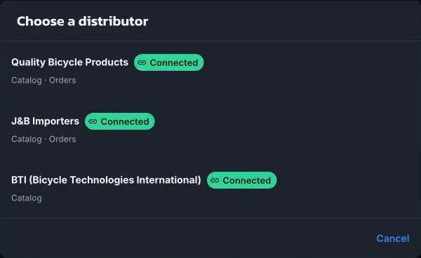 Choose a distributor: QBP and JBI with Catalog and Orders, and BTI with Catalog, each marked Connected