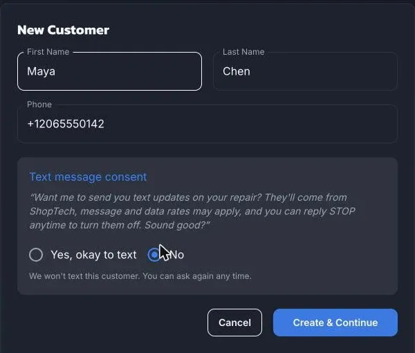 The Text message consent block with the script to read aloud and Yes or No answers