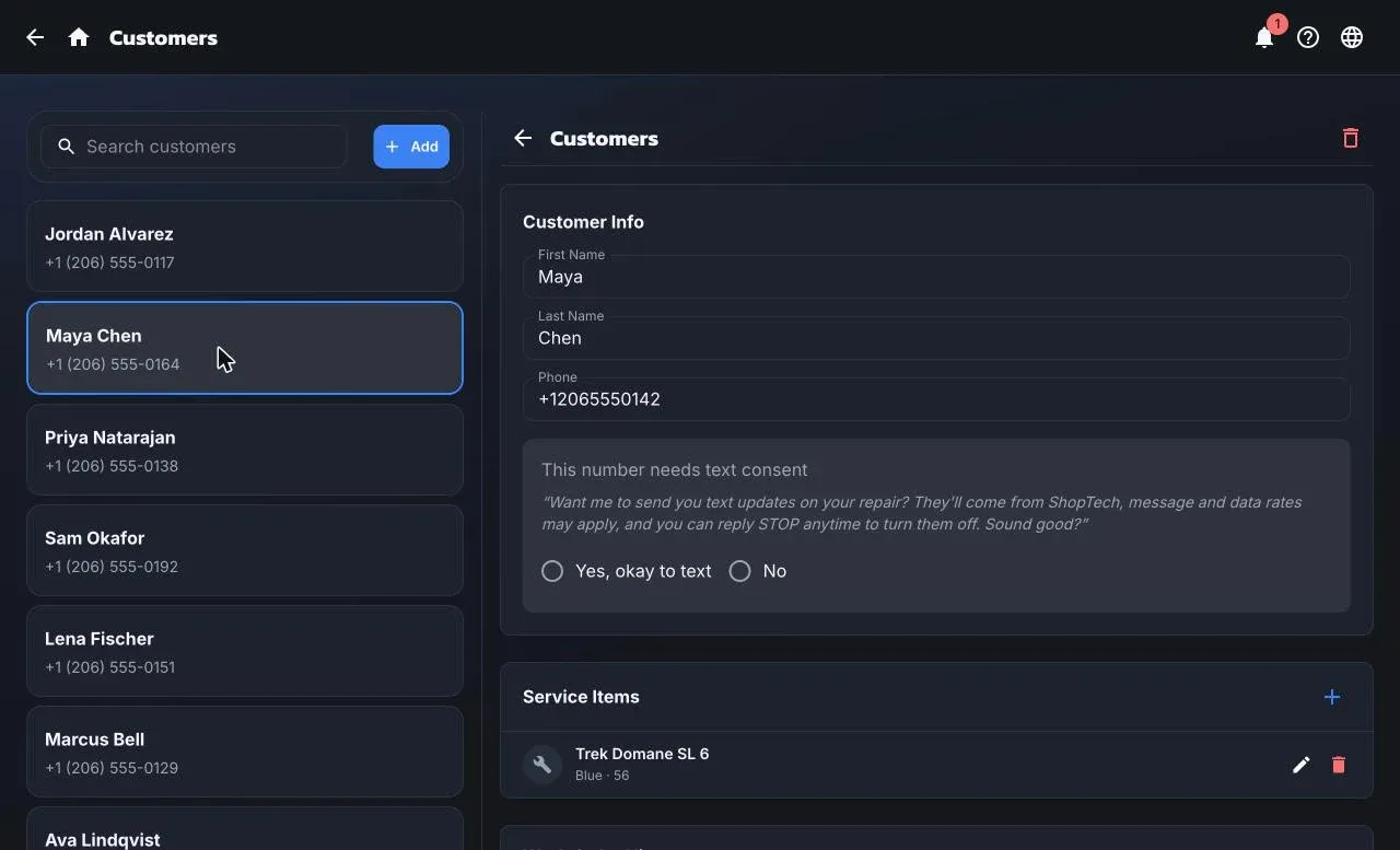 The Customers list on the left and a customer record on the right with name, phone, the text consent block, and service items