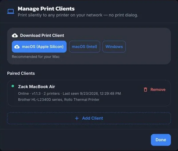 Manage Print Clients: download buttons for macOS and Windows, a paired computer shown Online with its printers, and Add Client