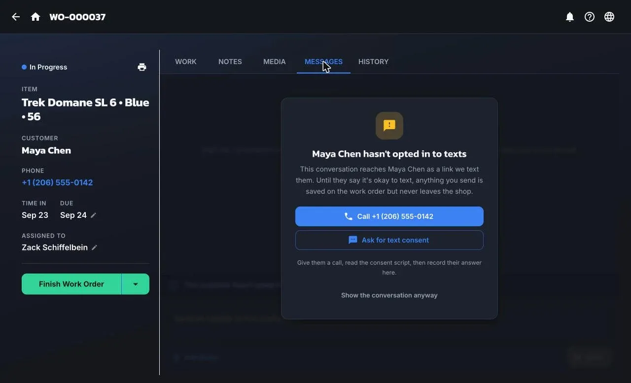 The Messages tab for a customer who hasn’t opted in, offering to call, ask for consent, or show the conversation anyway