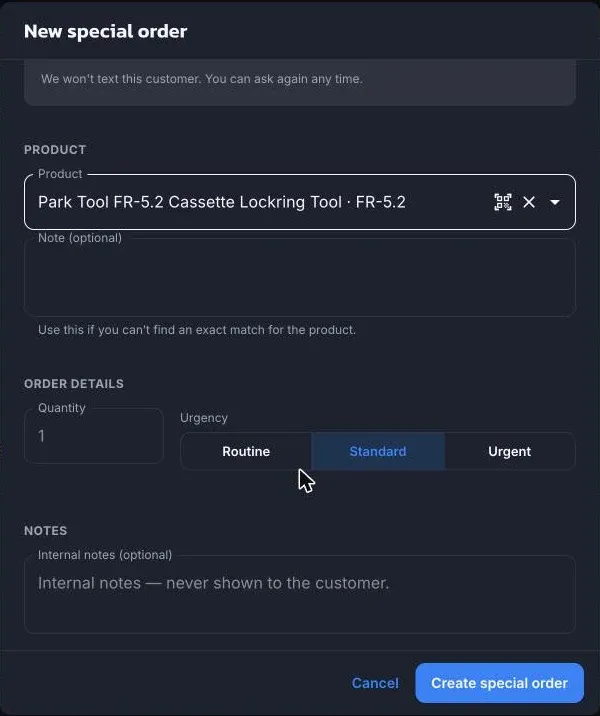 The New special order dialog with a product chosen, quantity, urgency, and internal notes
