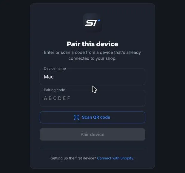 The Pair this device screen, with fields for a device name and a pairing code