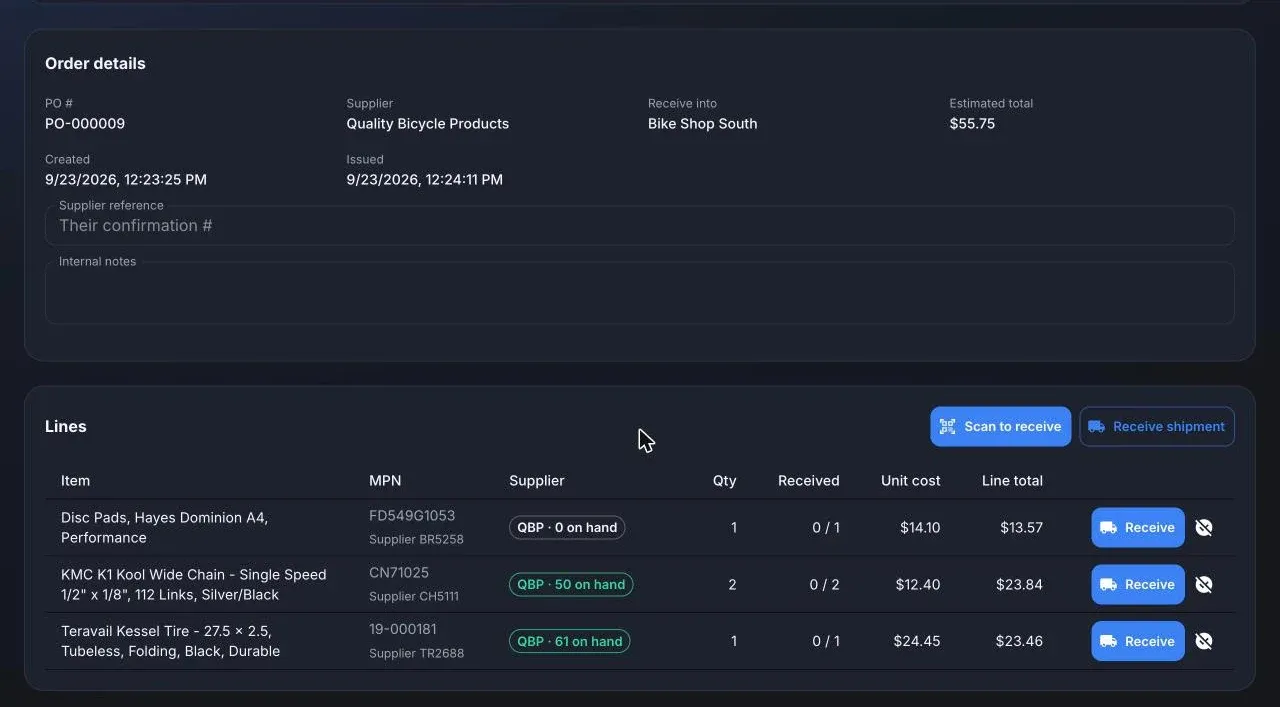 An issued purchase order: order details, then the lines with supplier stock, quantity, received count, unit cost, and Receive buttons, plus Scan to receive and Receive shipment