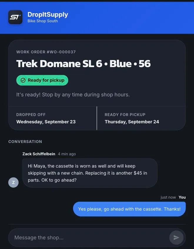The customer portal: shop name, work order and item, a Ready for pickup status, dates, and the conversation with a reply box