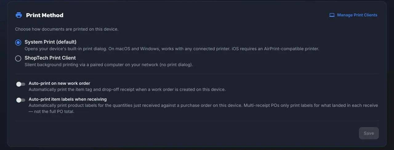 The Print Method card in Settings: System Print or ShopTech Print Client, and the two auto-print switches
