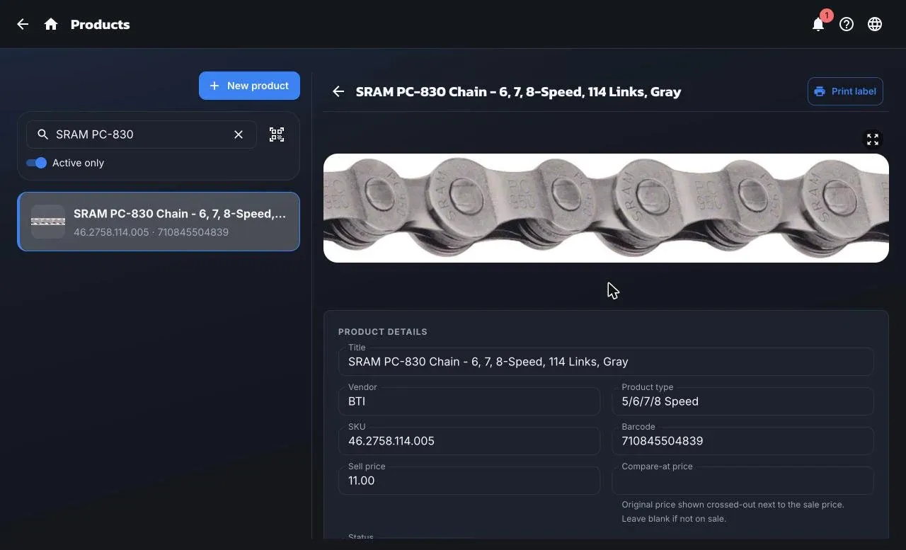 The Products list with a chain open in the detail pane: image, title, vendor, product type, SKU, barcode, and prices, with a Print label button