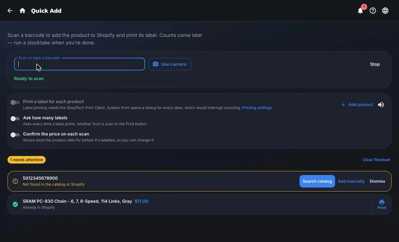 Quick Add while scanning: the barcode field, the per-device label options, a row that was not found with Search catalog and Add manually, and a row already in Shopify