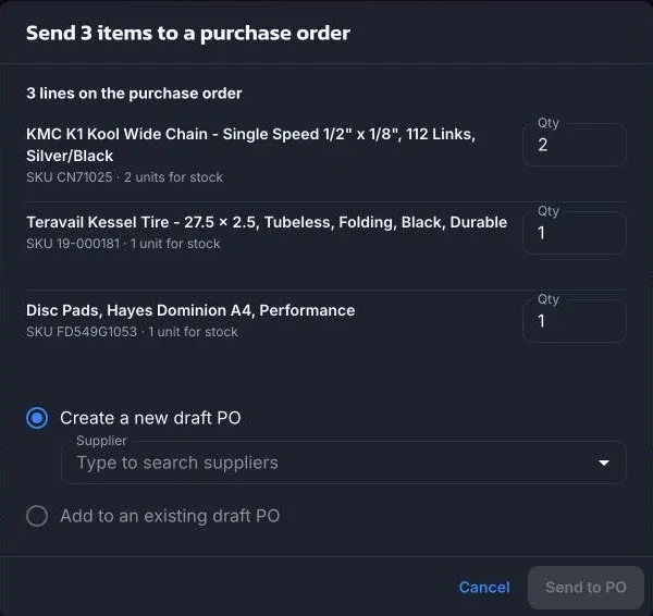 Send 3 items to a purchase order: the lines and quantities, and a choice between a new draft PO with a supplier picker or an existing draft