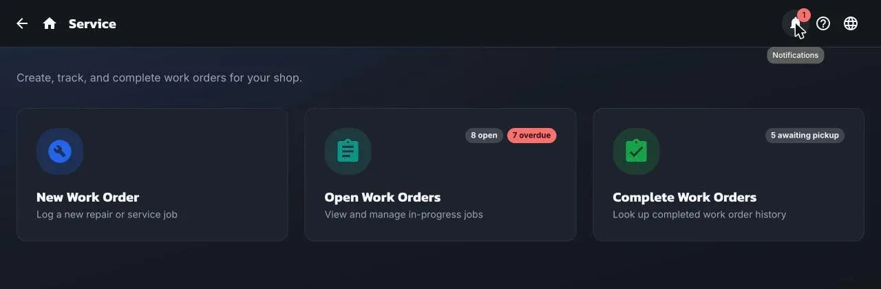 The Service dashboard: New Work Order, Open Work Orders with open and overdue counts, and Complete Work Orders with an awaiting pickup count