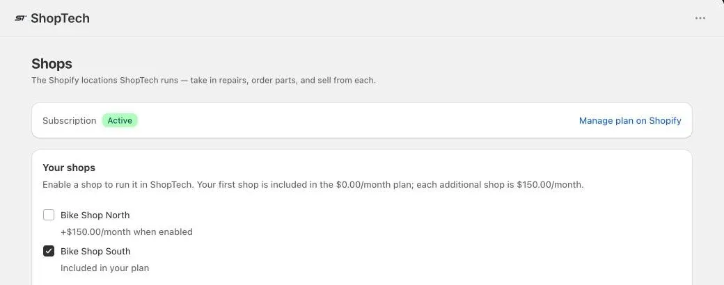 The Shops page in Shopify admin: subscription status with Manage plan on Shopify, and a checkbox per location showing whether it is included or costs extra
