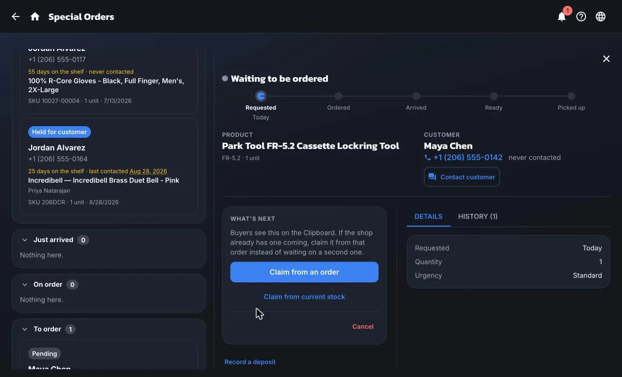 The Special Orders list on the left, grouped by stop, and a Requested order open on the right with its journey bar and What’s next actions