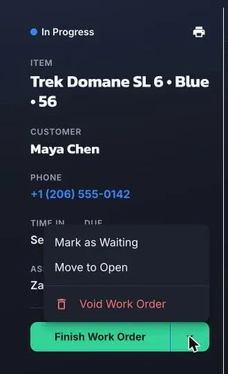 The arrow next to Finish Work Order opens Mark as Waiting, Move to Open, and Void Work Order