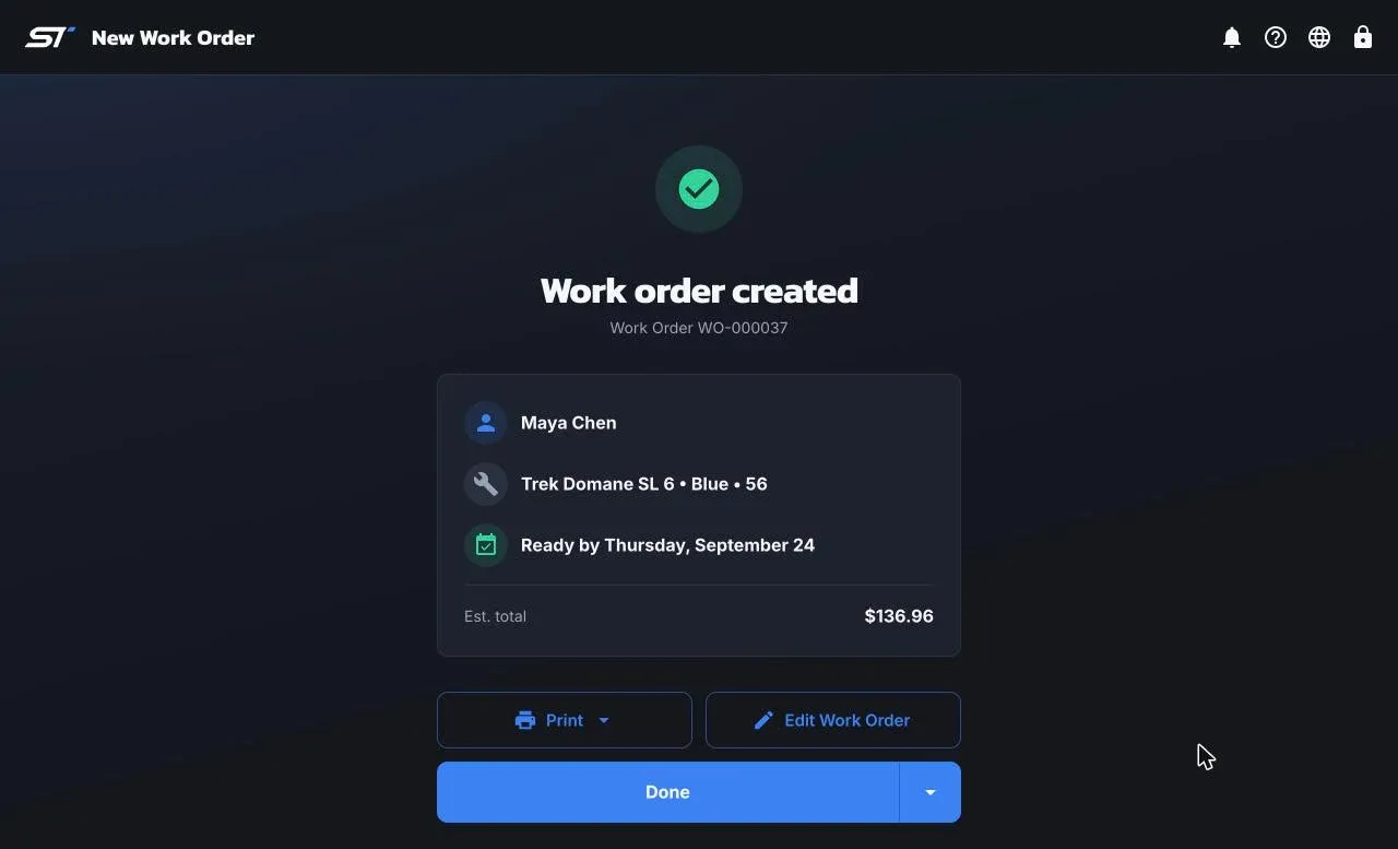 Work order created, with the customer, item, ready date, and Print, Edit Work Order, and Done buttons