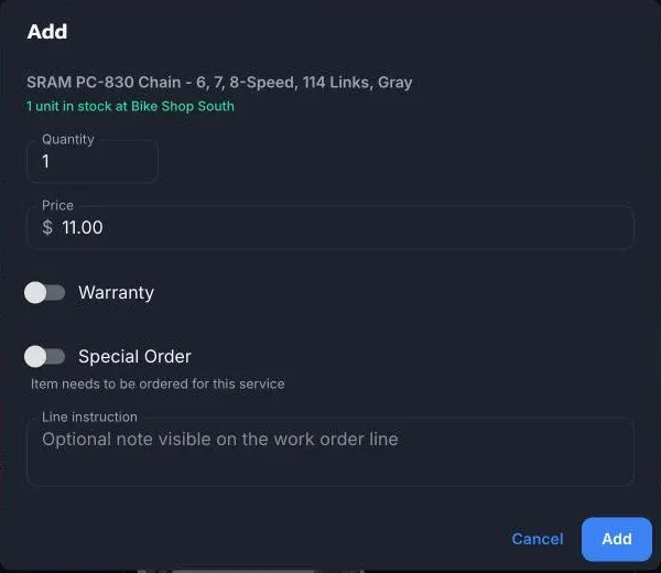 The line dialog for a chain: quantity, price, warranty and special order switches, and a line instruction