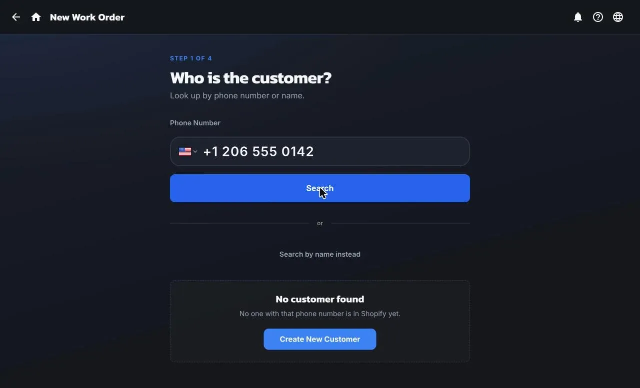 Step 1 of 4: the phone number search with no customer found and a Create New Customer button